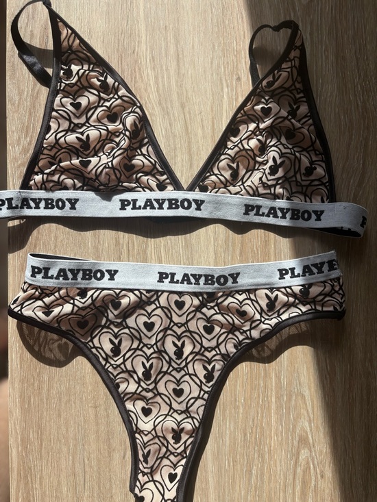 PLAYBOY Other - Playboy Women's Heart Print Bralette & Thong Set in Nude/Black crushed velvet